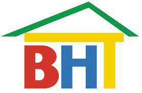 Braille House Logo : red B, blue H in a green and yellow house shape