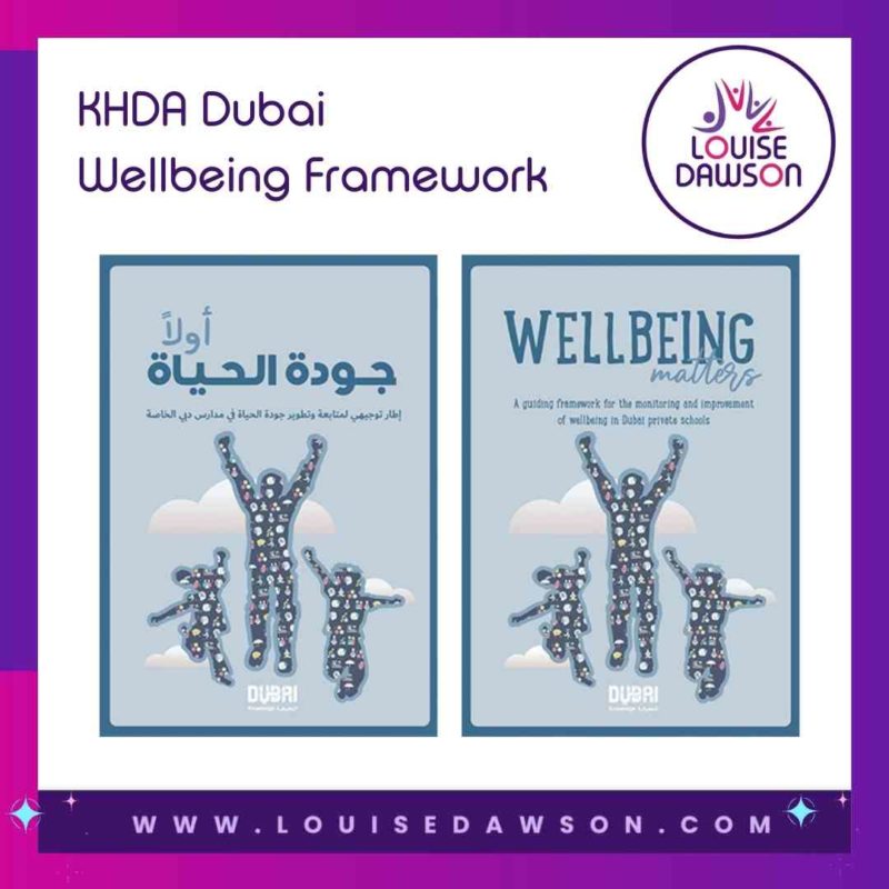 Imagine showing Louise Dawson logo and KHDA Wellbeing framework front cover