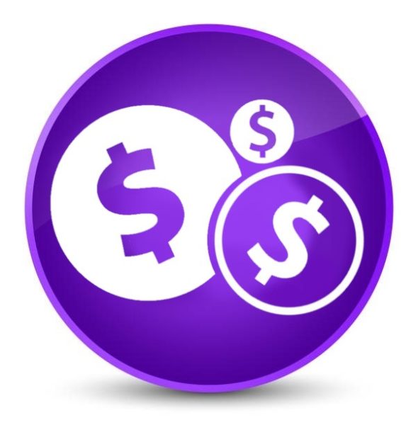 A round icon showing dollar signs. Depicting money.