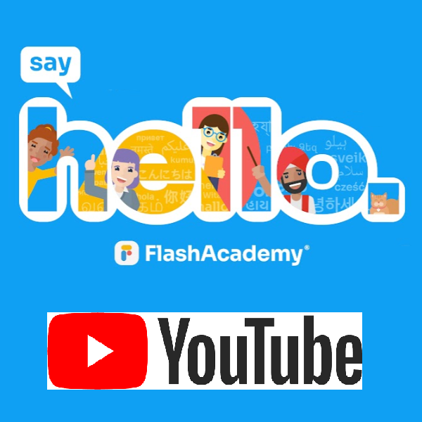 A blue logo for FlashAcademy with the YouTube logo included