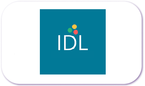 A white rectangle with rounded corners and containing the logo for IDL