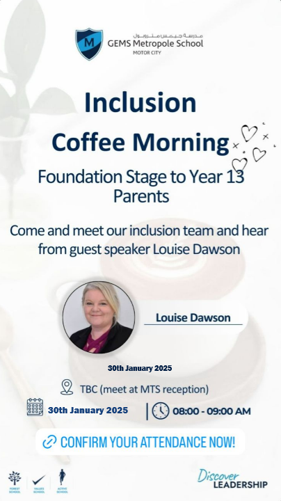 An advert for a parent coffee morning at GEMS Metropole on 30th January 2025