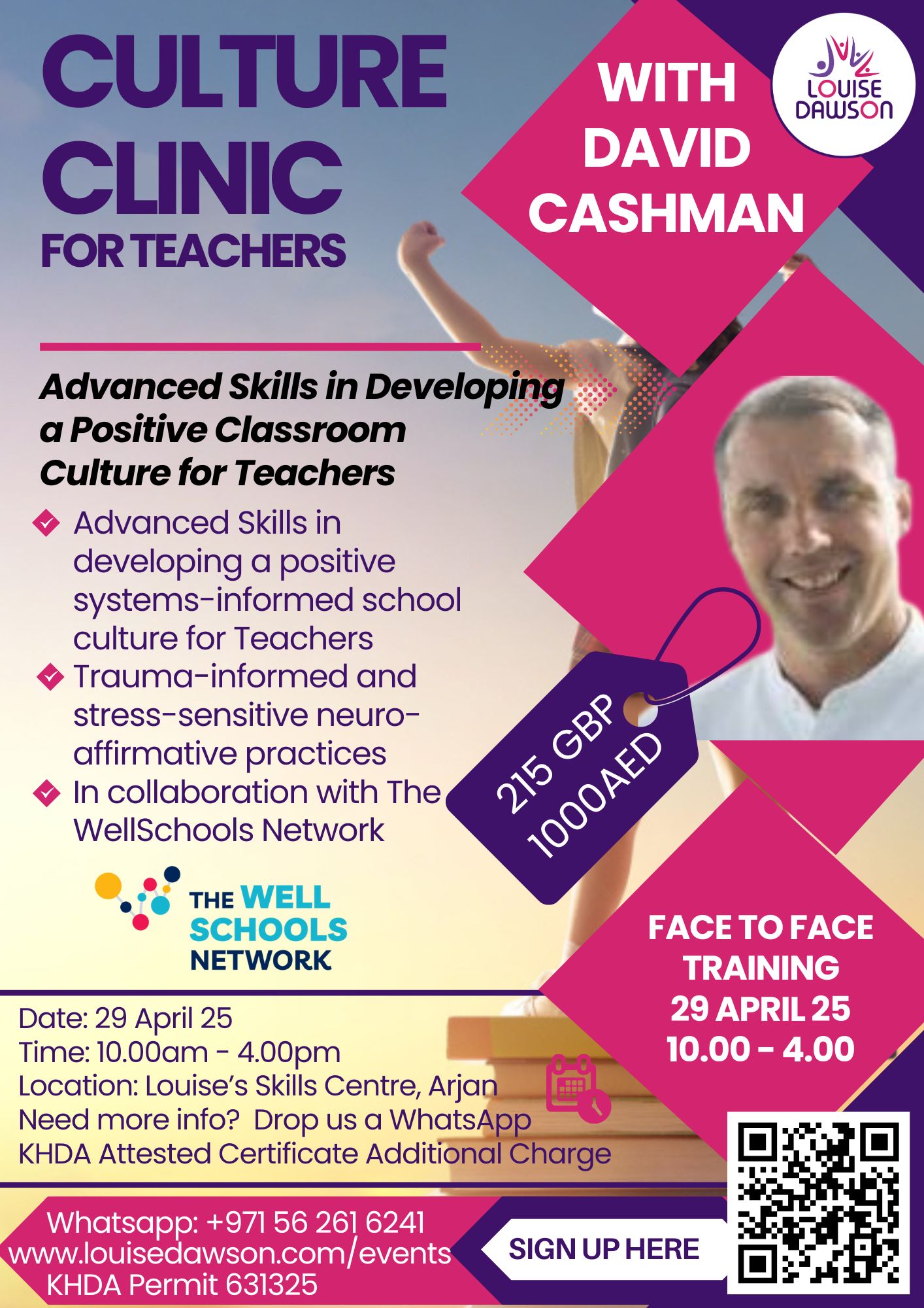 An image showing details of the session for Advanced Skills in Developing a Positive Classroom Culture for Teachers run by David Cashman of The WellSchools Network