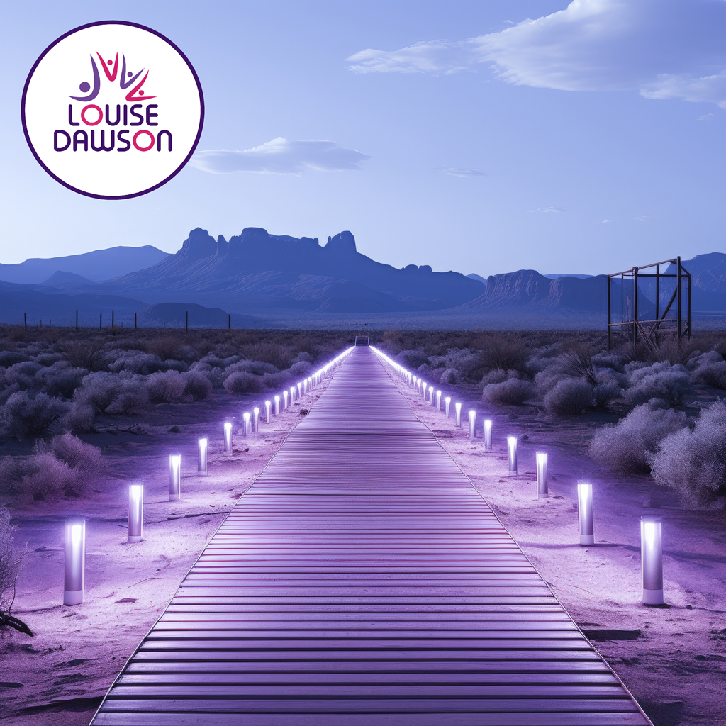 An imags showing a baordwalk heading into the desert and towards mountains, lit by light purple lamps