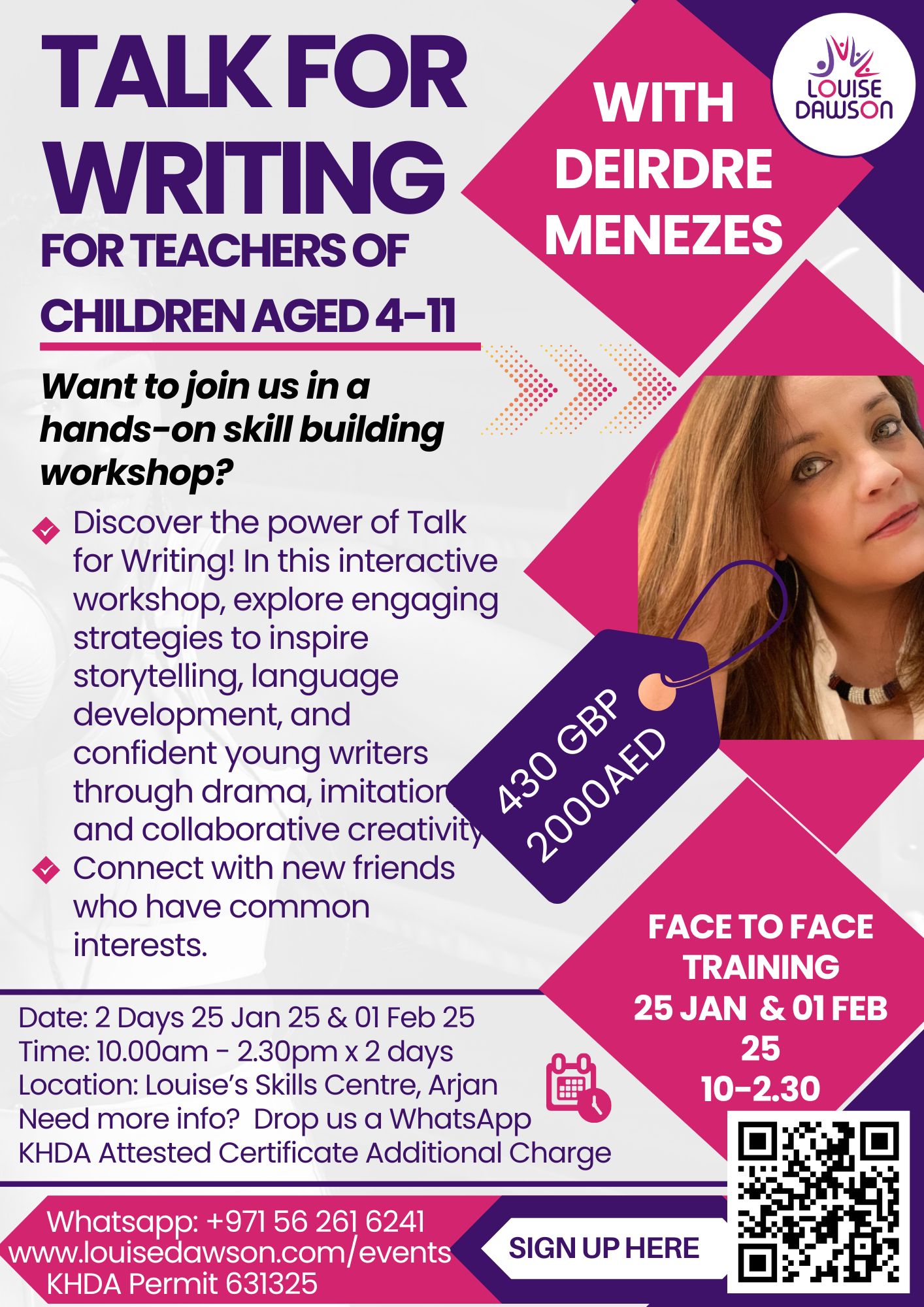 A graphic image showing details of the "Talk for Writing" session with Deidre Menezes