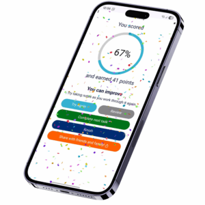An image showing the SAM Learning activity score and the corresponding points earned. The screen then offers a range of choices including 'Try again', 'Review', 'Complete next task', 'Finish', and 'Share with friends and family'.