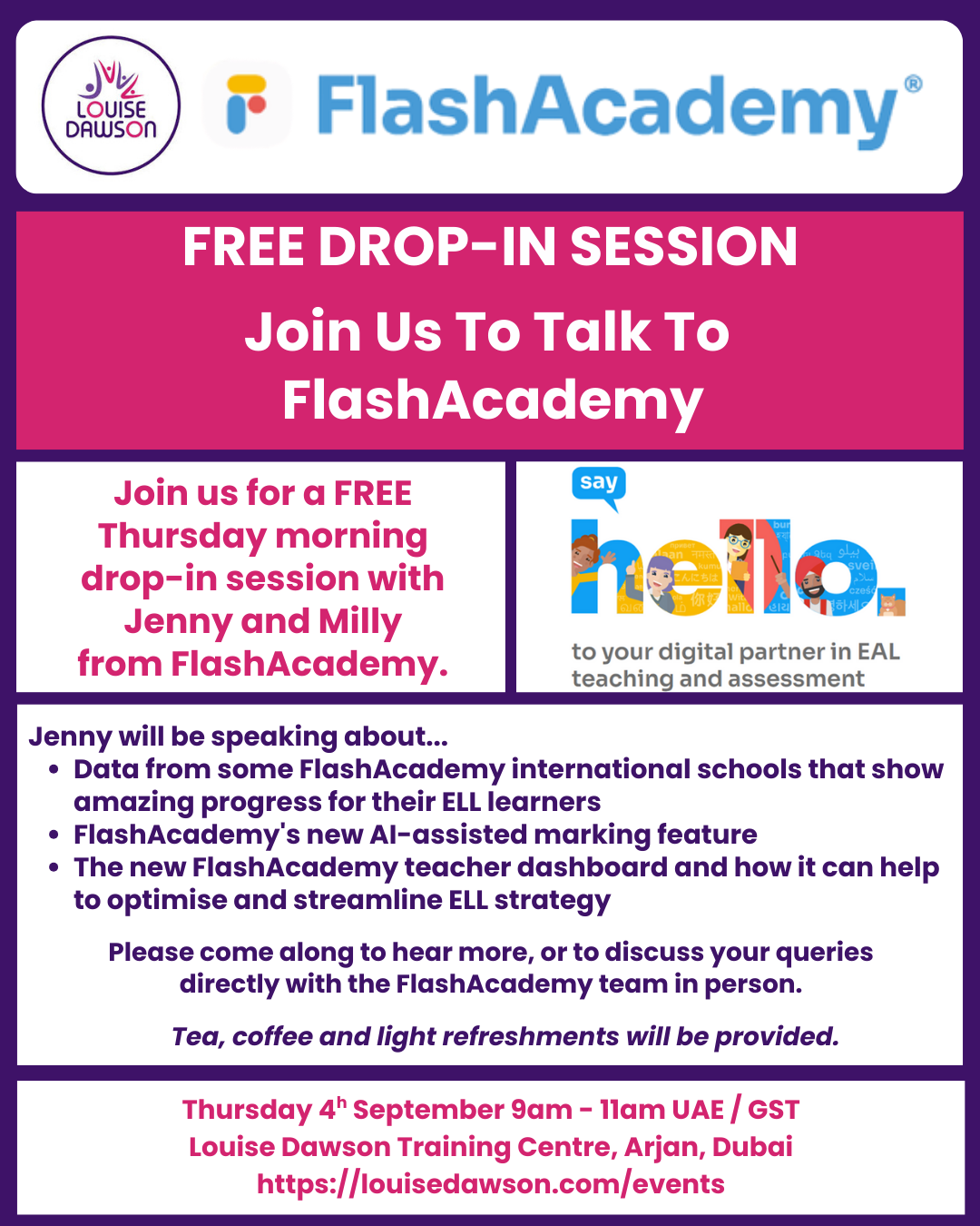 Details of the FlashAcademy in-person drop-in session for Thursday 4th September 2025 at Louise Dawson Training Centre in Dubai