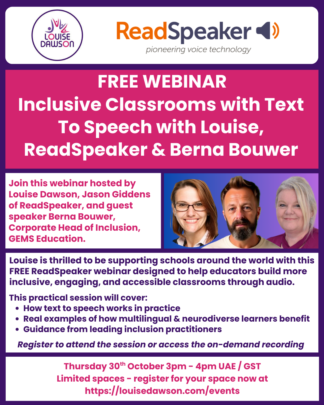 A graphic showing details of the ReadSpeaker webinar scheduled for 30th October, with headshots of the 3 presenters.