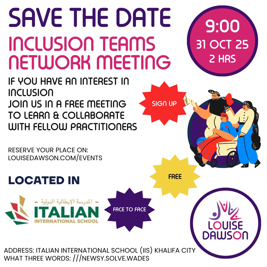 A graphic showing the details of the Abu Dhabi Heads of Inclusion network meeting on 31 October 2025. All the details are within the event listing on https://louisedawson.com/events