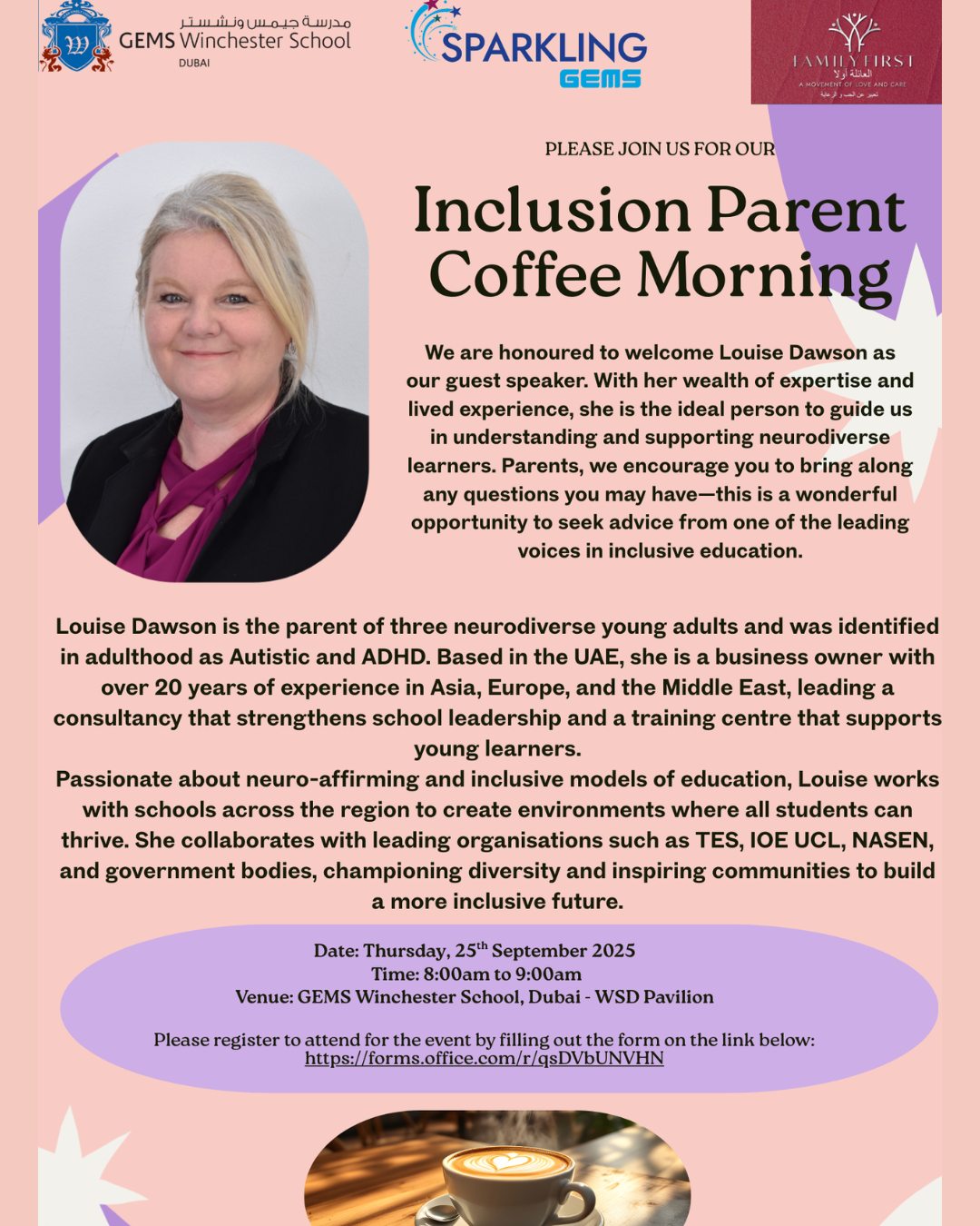 An image showing details of the GEMS Wellington School Dubai inclusion coffee morning, where Louise Dawson will be presenting to staff and parents.