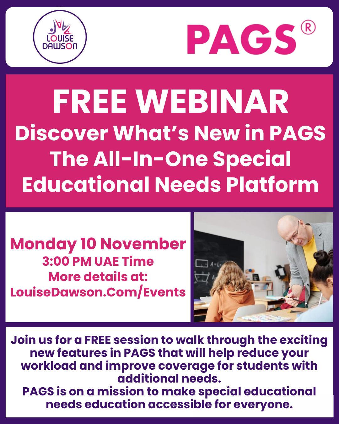 An image summarising details of a FREE webinar being hosted by Louise Dawson on 10th November from 3pm to 4pm. Louise will be in conversation with Feliciae and the team at PAGS about new features and functionality in the program. Full details are in the event listing.