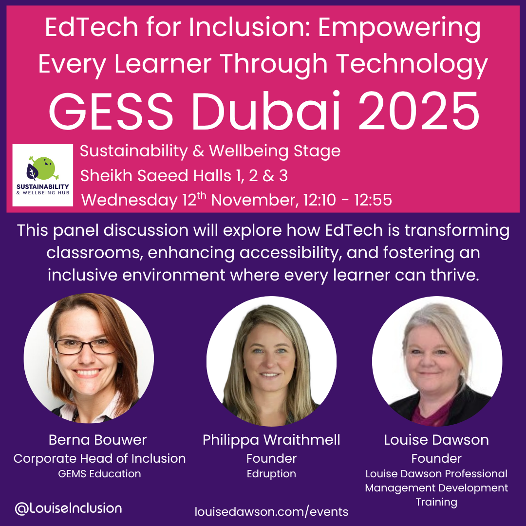 An image summarising details of a panel discussion that is being held as part of GSS Dubai 2025. The panel will include Berna Bouwer, Phillipa Wraithmell, and Louise Dawson and will be on the Sustainability and Wellbeing Stage from from 12:10 - 12:55 on Wednesday 12th November. Full details are in the event listing.