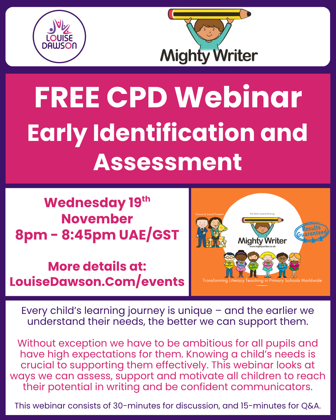 A graphic showing the details of the Mighty Writer CPD webinar on 19 November 2025. All the details are within the event listing on https://louisedawson.com/events