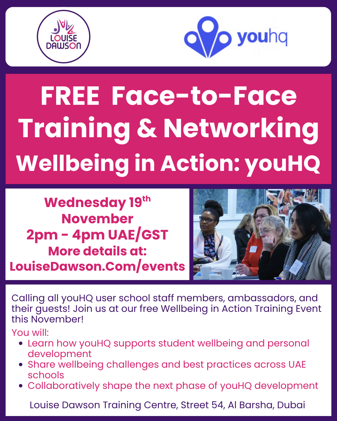 An image summarising details of a FREE Wellbeing workshop being run by youHQ at Louise Dawson's training centre in Dubai on 19th November from 2pm to 4pm. The workshop will be face-to-face/in-person. Full details are in the event listing.