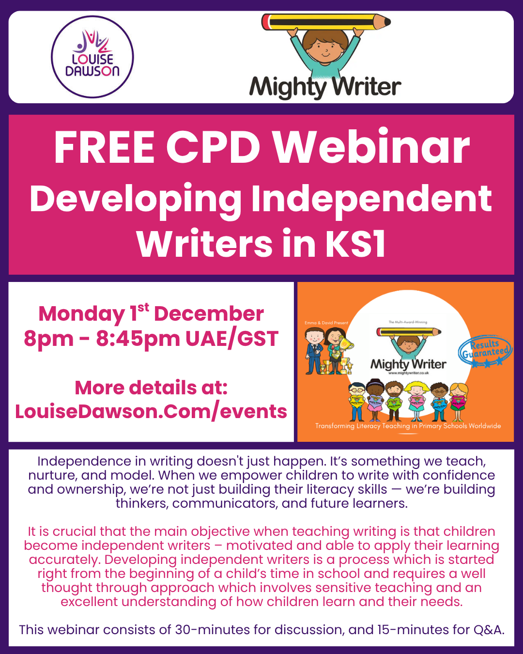 A graphic showing the details of the Mighty Writer CPD webinar on 1st December 2025. All the details are within the event listing on https://louisedawson.com/events