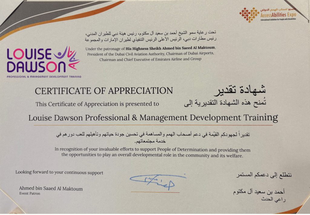 Close-up of the Certificate of Appreciation presented to Louise Dawson Professional & Management Development Training by His Highness Sheikh Ahmed bin Saeed Al Maktoum at the AccessAbilities Expo, recognising efforts to support People of Determination.