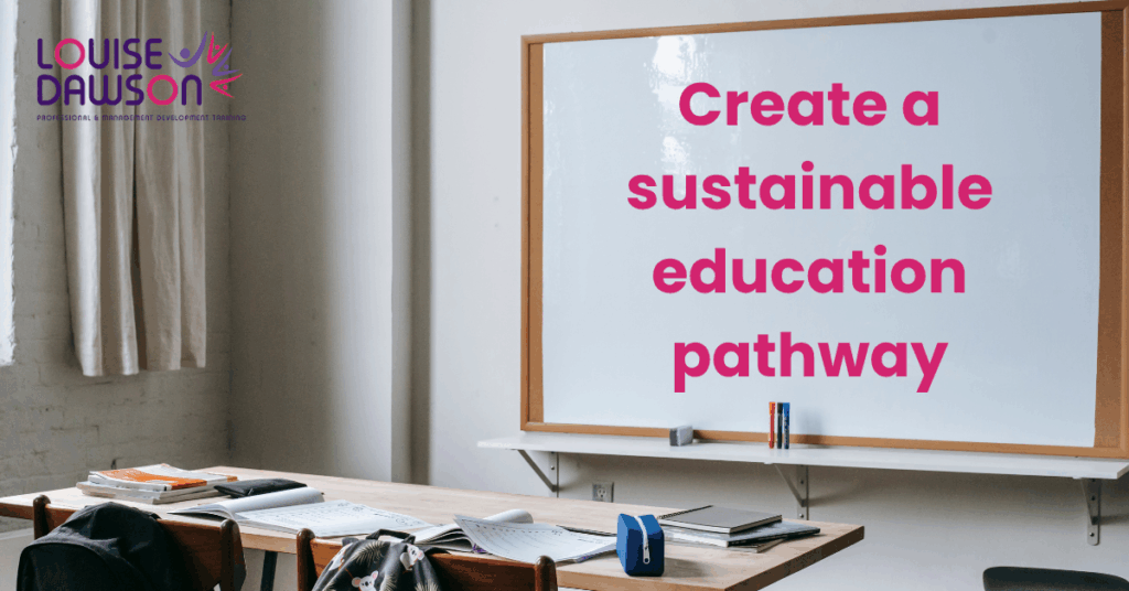 A bright whiteboard in an empty classroom with the text: "Create a sustainable education pathway." Relates to EBSA support.