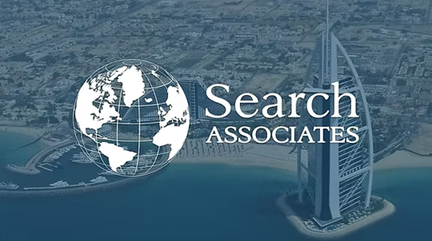 An aerial picture of the Burj Al Arab in Dubai with a blue-tint across the picture and the Search Associates logo superimposed across the image.