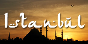 A picture of the skyline of Istanbul against a golden sunset, with the name of the city written across the picture. Istanbul is a transcontinental city in that it sits in both Europe and Asia, divided by the Bosphorus Strait.