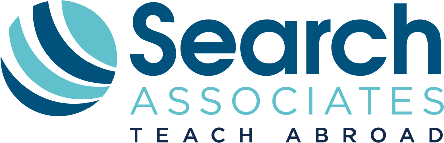 The Search Associates logo - a circle with circular blue and aqua bands and the words "Search Associates Teach Abroad" beside the circle.