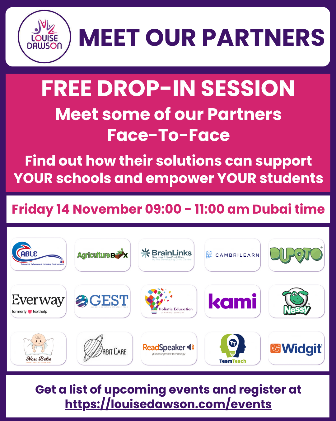 An image summarising details of a FREE session where you can come along to meet some of Louise's Partners. This is a drop-in session and will run between 9am & 11am on Friday 14th November. Please book a ticket so we know numbers for catering. Full details are in the event listing.