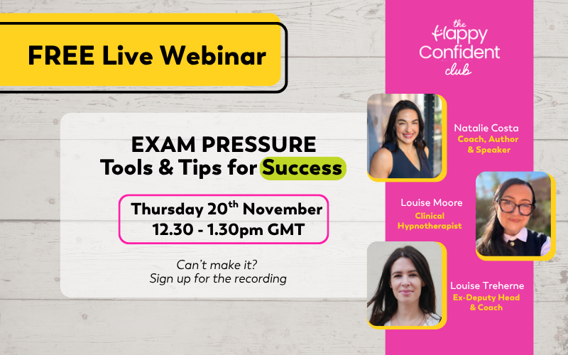 An image summarising details of a FREE webinar being hosted by The Happy Confident Company on 20th November from 4::30 - 5:30 UAE time on "Exam Pressure - Tools and Tips for Success. Full details are in the event listing.