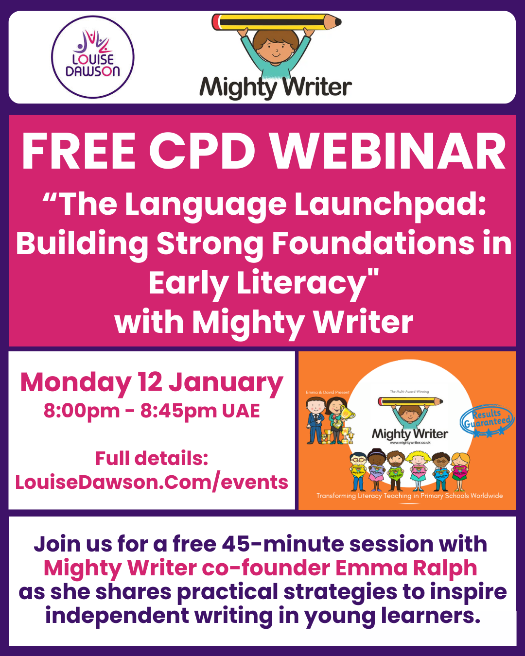 A graphic showing the details of the Mighty Writer CPD webinar on 12th January 2026. All the details are within the event listing on https://louisedawson.com/events