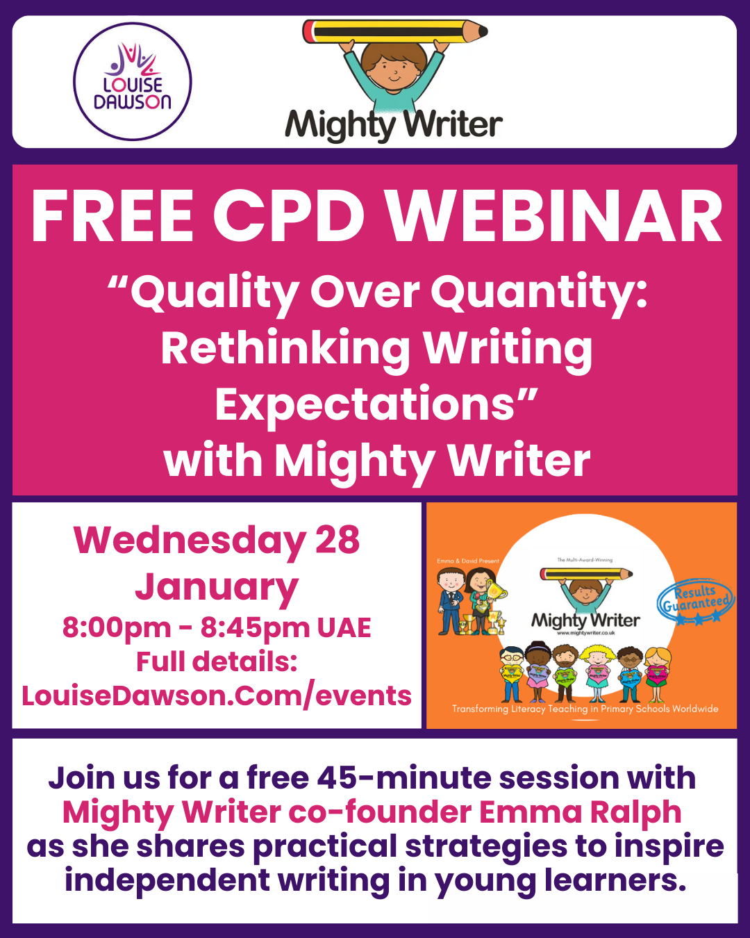 A graphic showing the details of the Mighty Writer CPD webinar on 28th January 2026. All the details are within the event listing on https://louisedawson.com/events
