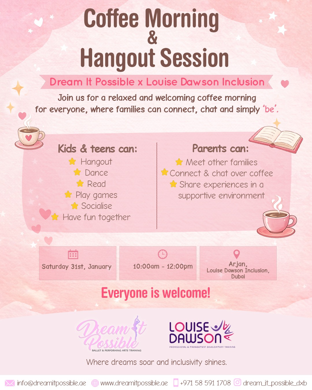 An image showing details of the FREE drop-in coffee morning session delivered with Dream It Possible Ballet & Performing Arts Training. Open to all - come along for informal discussion and networking. The session will run from 9am to 12 noon GST/UAE on Saturday 31st January. The image includes joining details, and a summary of the event. Those details are also included in the event listing page.