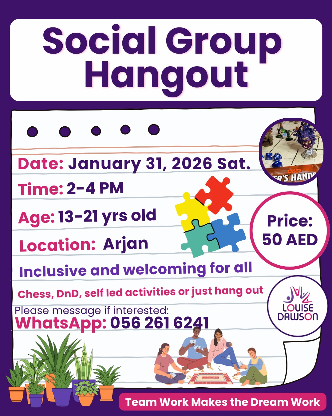 An image summarising details of the Social Group hangout session at Louise Dawson Training centre on 31st January 2026 between 2pm & 4pm. Full details are in the event listing.