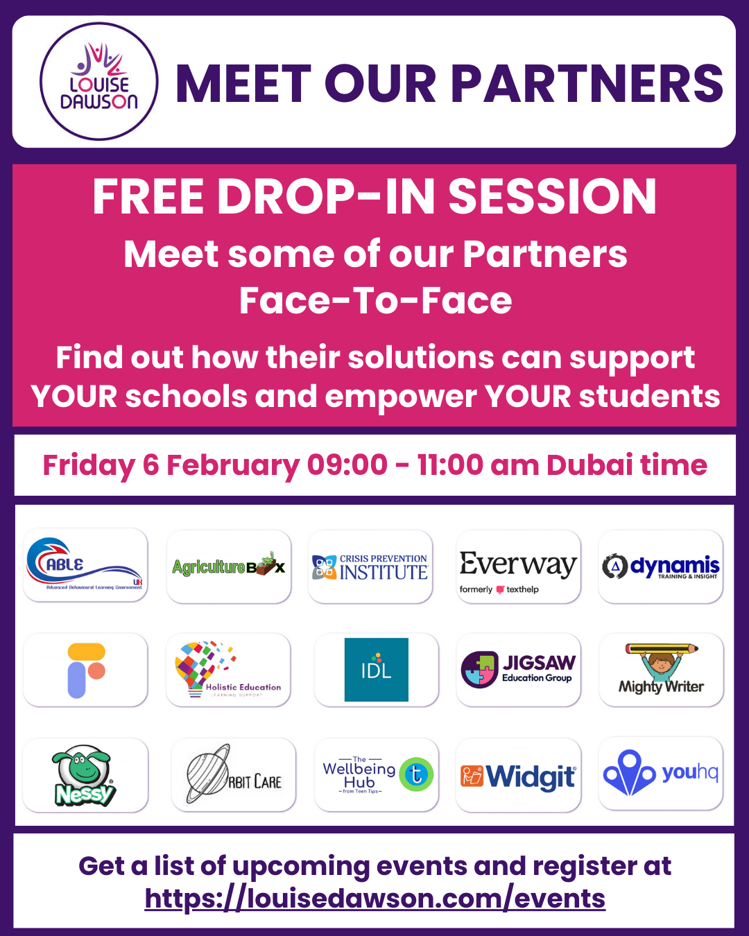 An image summarising details of a FREE session where you can come along to meet some of Louise's Partners. This is a drop-in session and will run between 9am & 11am on Friday 6th February. Please book a ticket so we know numbers for catering. Full details are in the event listing.