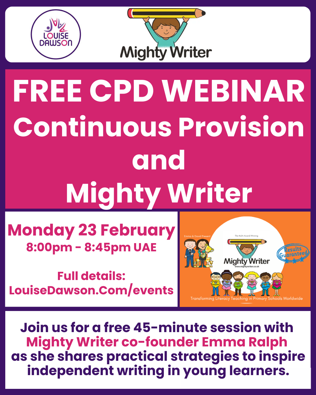 A graphic showing the details of the Mighty Writer CPD webinar on 23rd February 2026. All the details are within the event listing on https://louisedawson.com/events