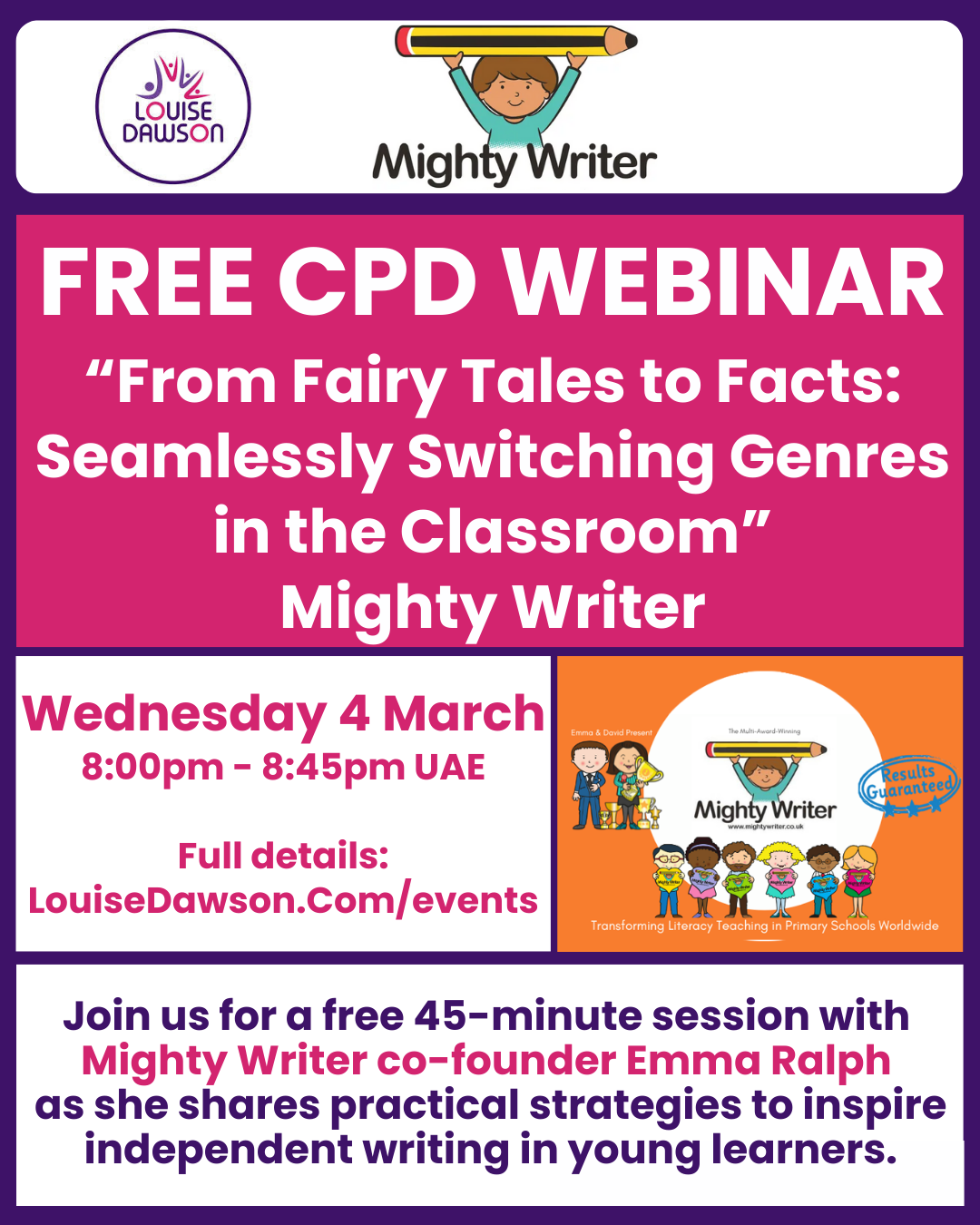 A graphic showing the details of the Mighty Writer CPD webinar on 4th March 2026. All the details are within the event listing on https://louisedawson.com/events