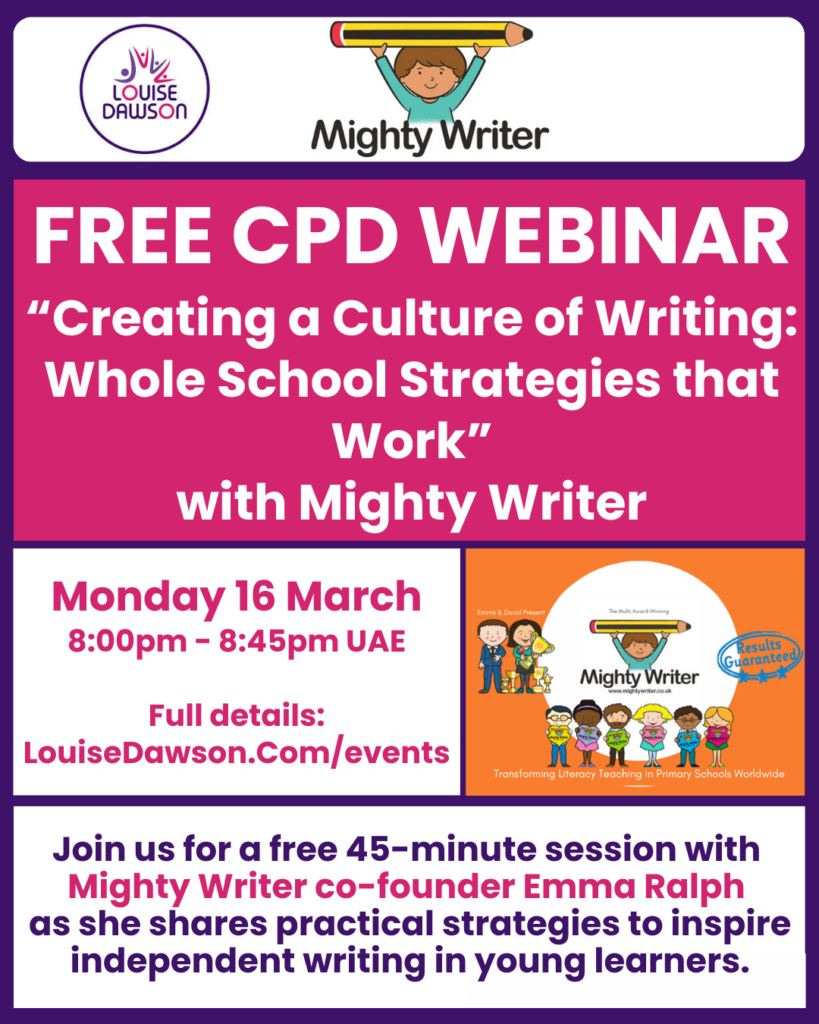 A graphic showing the details of the Mighty Writer CPD webinar on 12th January 2026. All the details are within the event listing on https://louisedawson.com/events
