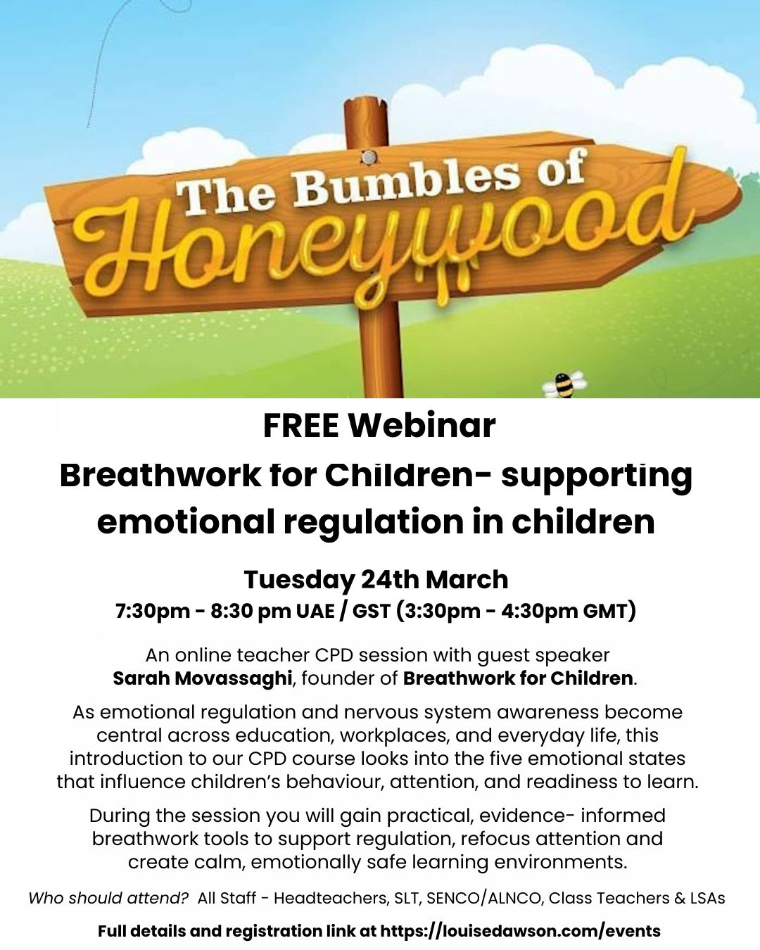 An image summarising details of a free webinar by The Bumbles of Honeywood on Tuesday 24th March. In this free webinar you’ll hear from Sarah Movassaghi, founder of Breathwork for Children about emotional regulation and nervous system awareness. Full details are in the event listing.