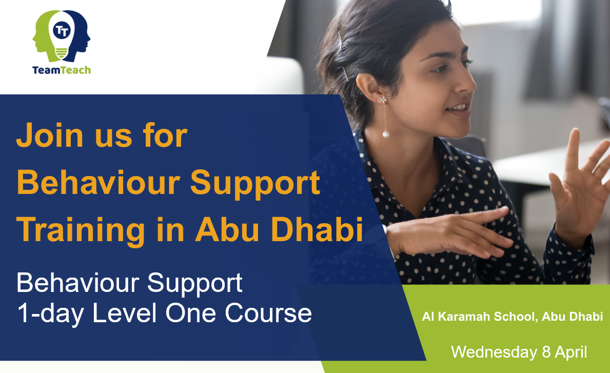 An image summarising details of the Team Teach 1-day Level One course running at Al Karamah School in Abu Dhabi on Wednesday 8th April 2026. Full details are in the event listing.