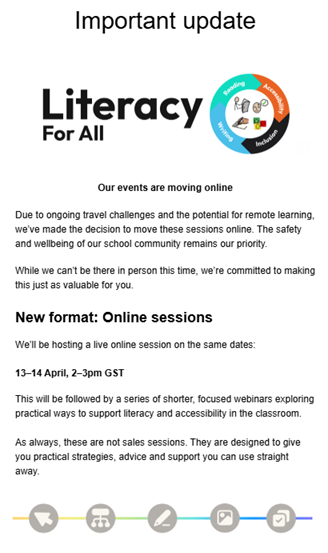 An image summarising details of the Literacy For All virtual events being run by Everway, Widgit, Pobble, and Lexonic. Events will run on 13th & 14th April. Full details and joining link are in the event listing.