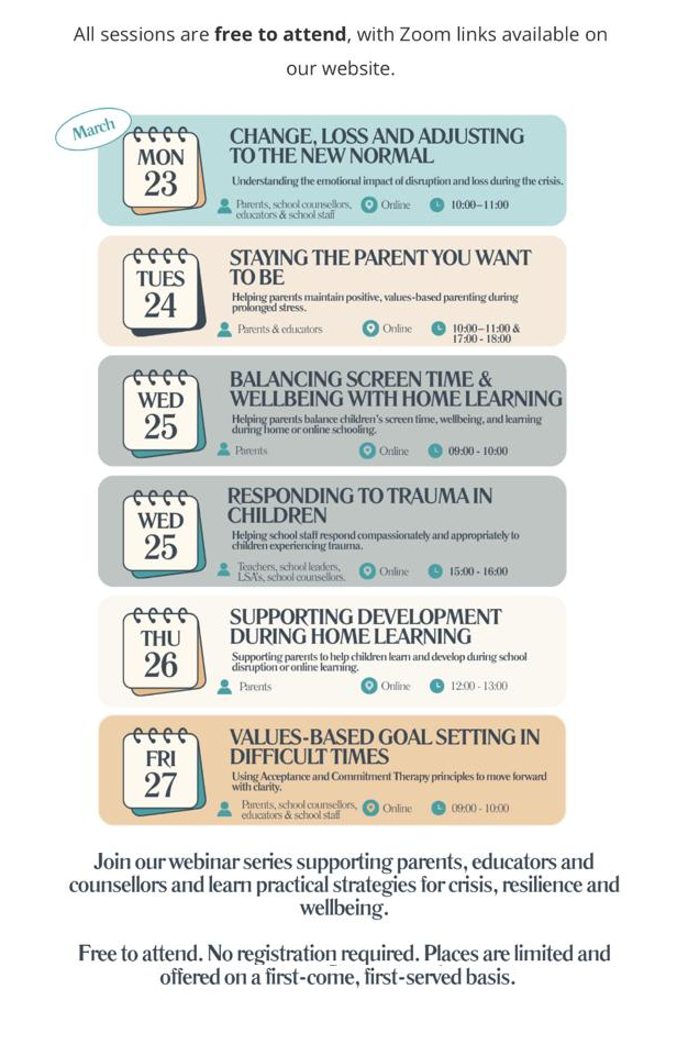 An image listing details of a series of FREE webinars being hosted by Insights Psychology DMCC in March 2026. Full details are in the event listing.An image listing details of a series of FREE webinars being hosted by Insights Psychology DMCC in March 2026. Full details are in the event listing.
