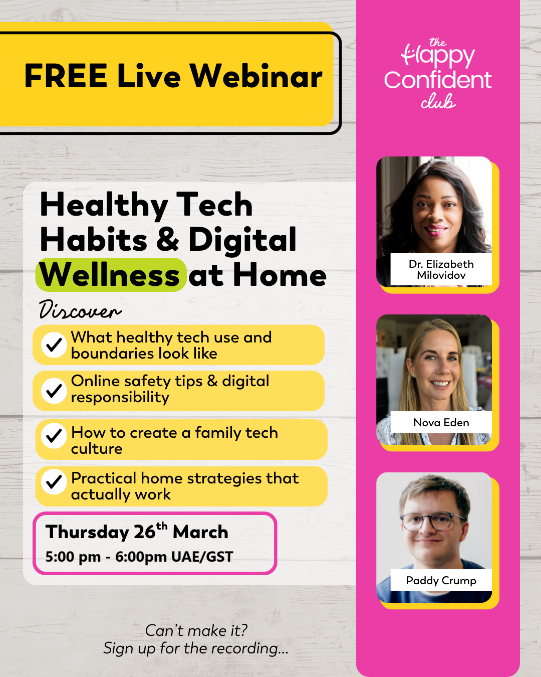 a FREE webinar being hosted by The Happy Confident Company on Thursday 26 March from 5:00 - 6:00pom UAE time on "Healthy Tech Habits & Digital Wellness at Home". Full details are in the event listing.