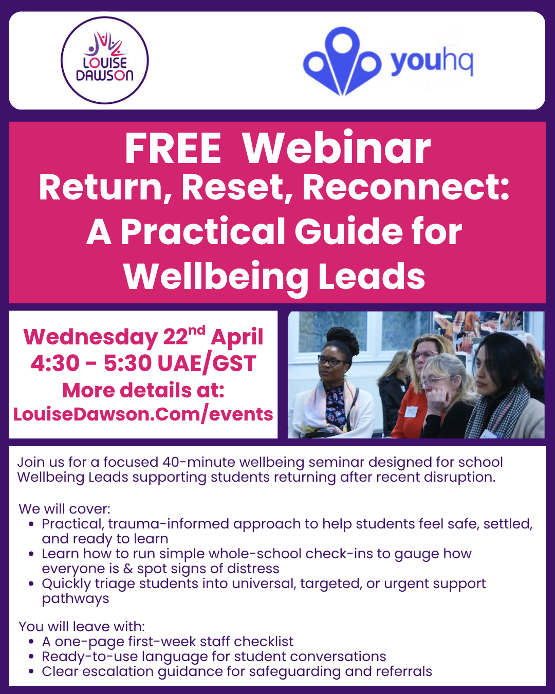 An image showing summary details of a free 40-minute webinar being run by Louise with youHQ 22 April 2026 at 4:30pm Full details are in the event listing.