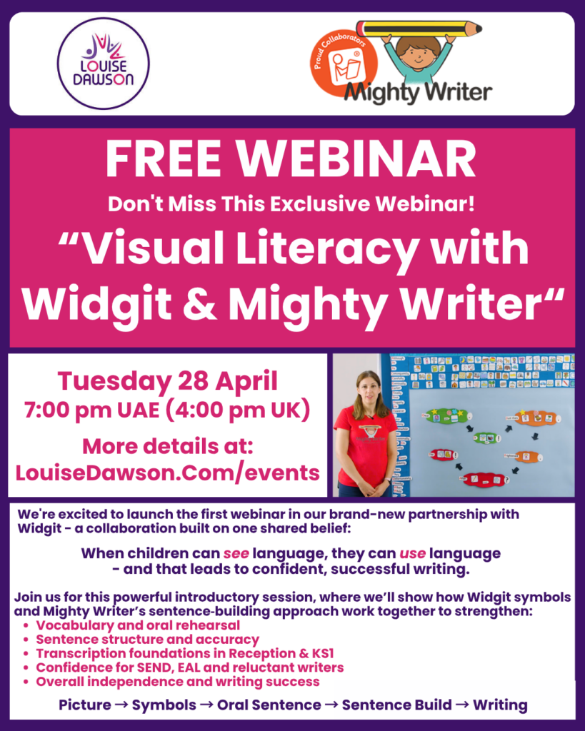 An image showing summary details of a free 40-minute webinar being run by Mighty Writer with Widgit on Tuesday 28th April at 7pm GST/UAE. Full details are in the event listing.