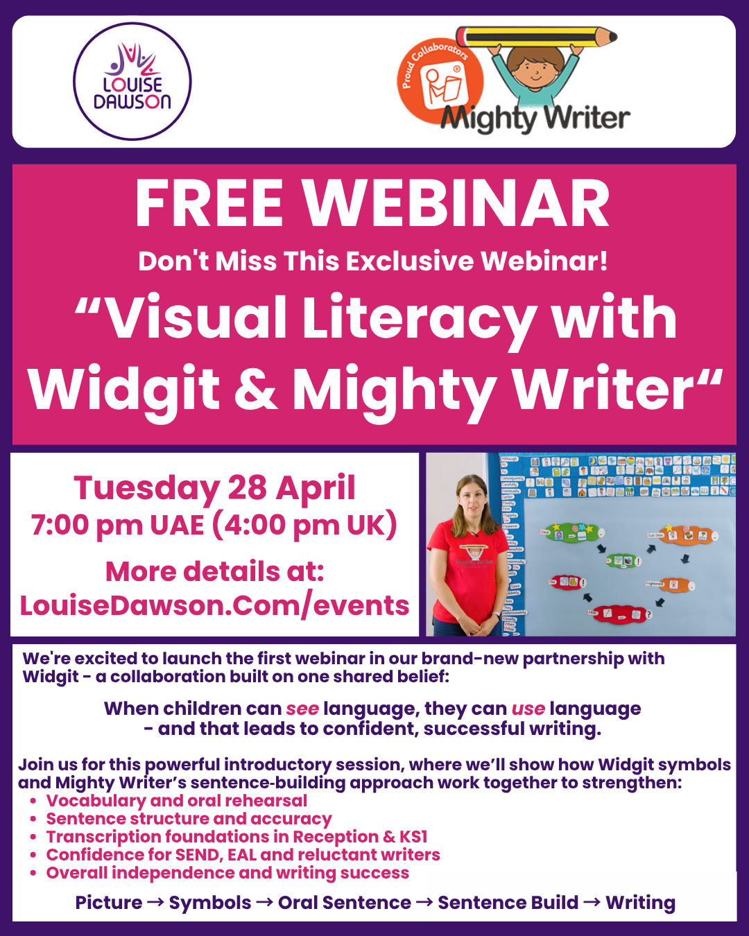 An image showing summary details of a free 40-minute webinar being run by Mighty Writer with Widgit on Tuesday 28th April at 7pm GST/UAE. Full details are in the event listing.