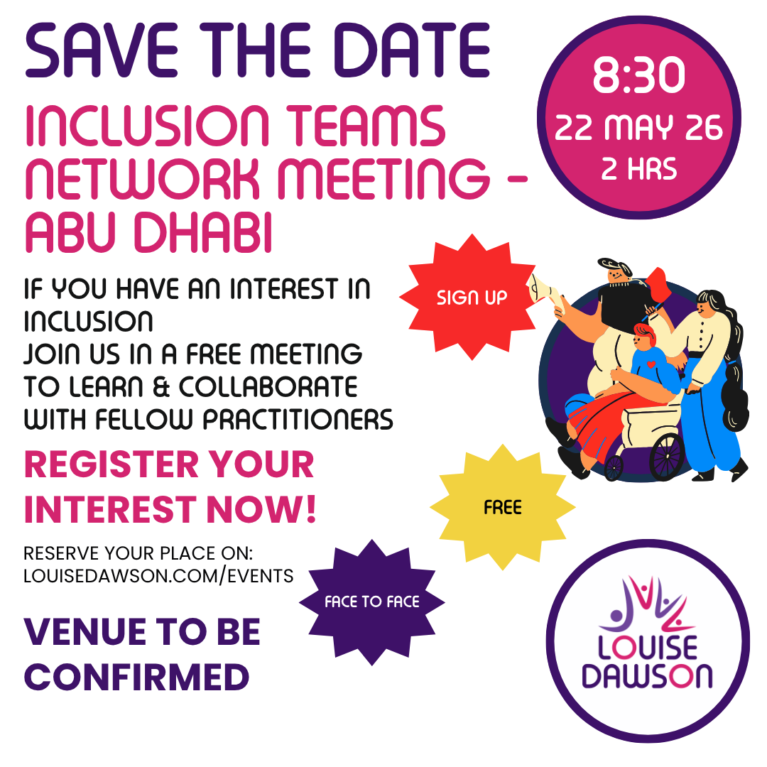 An image showing summary details of a free face-to-face meeting for Inclusion Leads in Abu Dhabi on Friday 22 May. Full details are in the event listing.