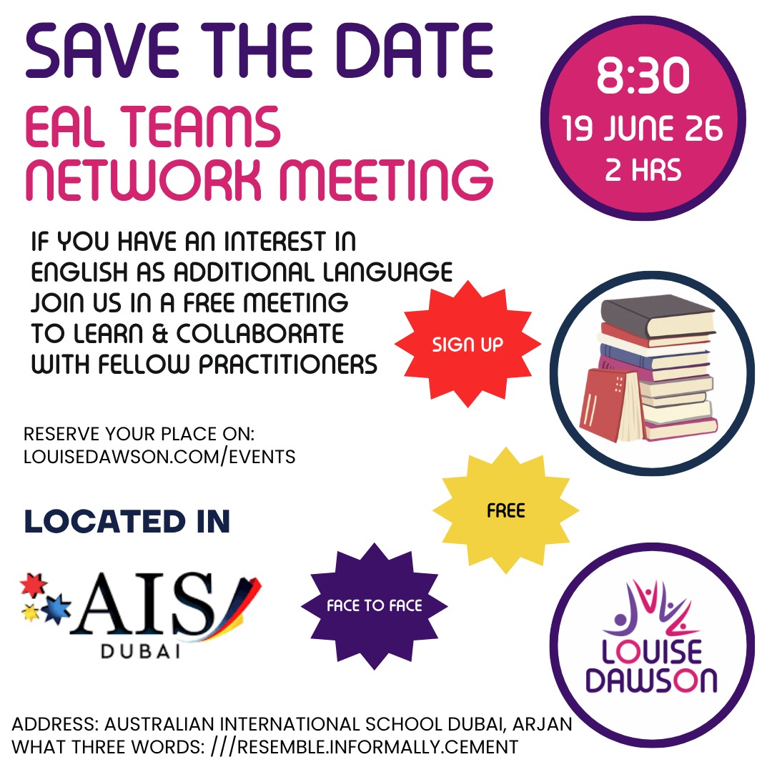An image showing summary details of a free face-to-face meeting for EAL, ELL and multilingual learning leads in Dubai on Friday 19 June. Full details are in the event listing.