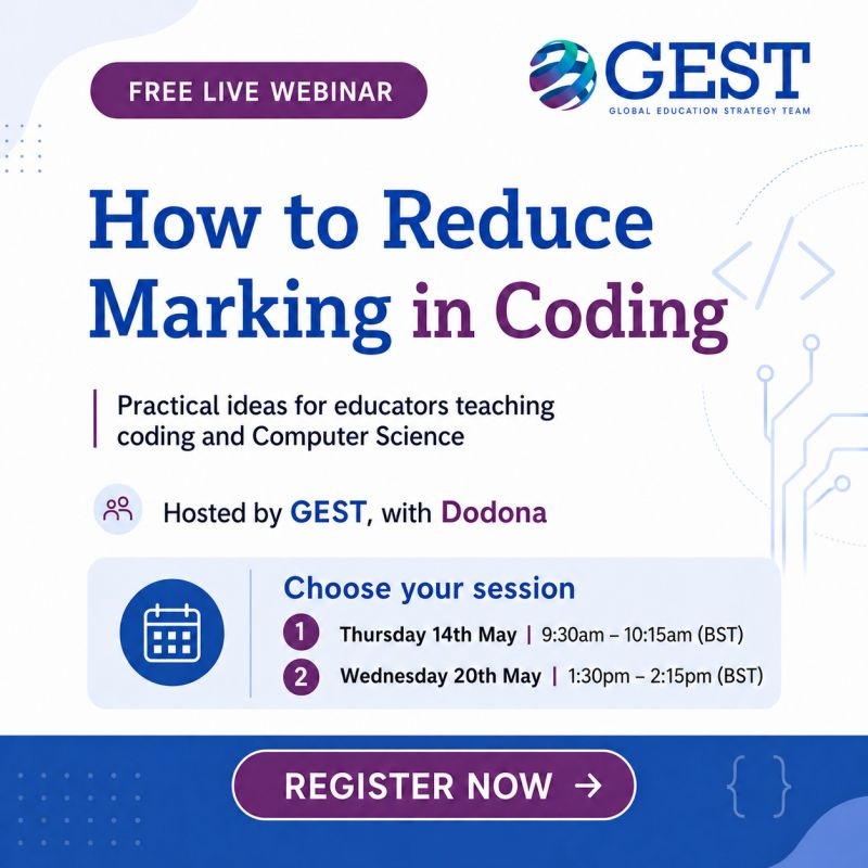 An image showing details of the FREE webinars that will be hosted by GEST Consultancy, in partnership with Dodona Learning Technologies on 14 May and 20 May 2026. Full details are in the event listing.