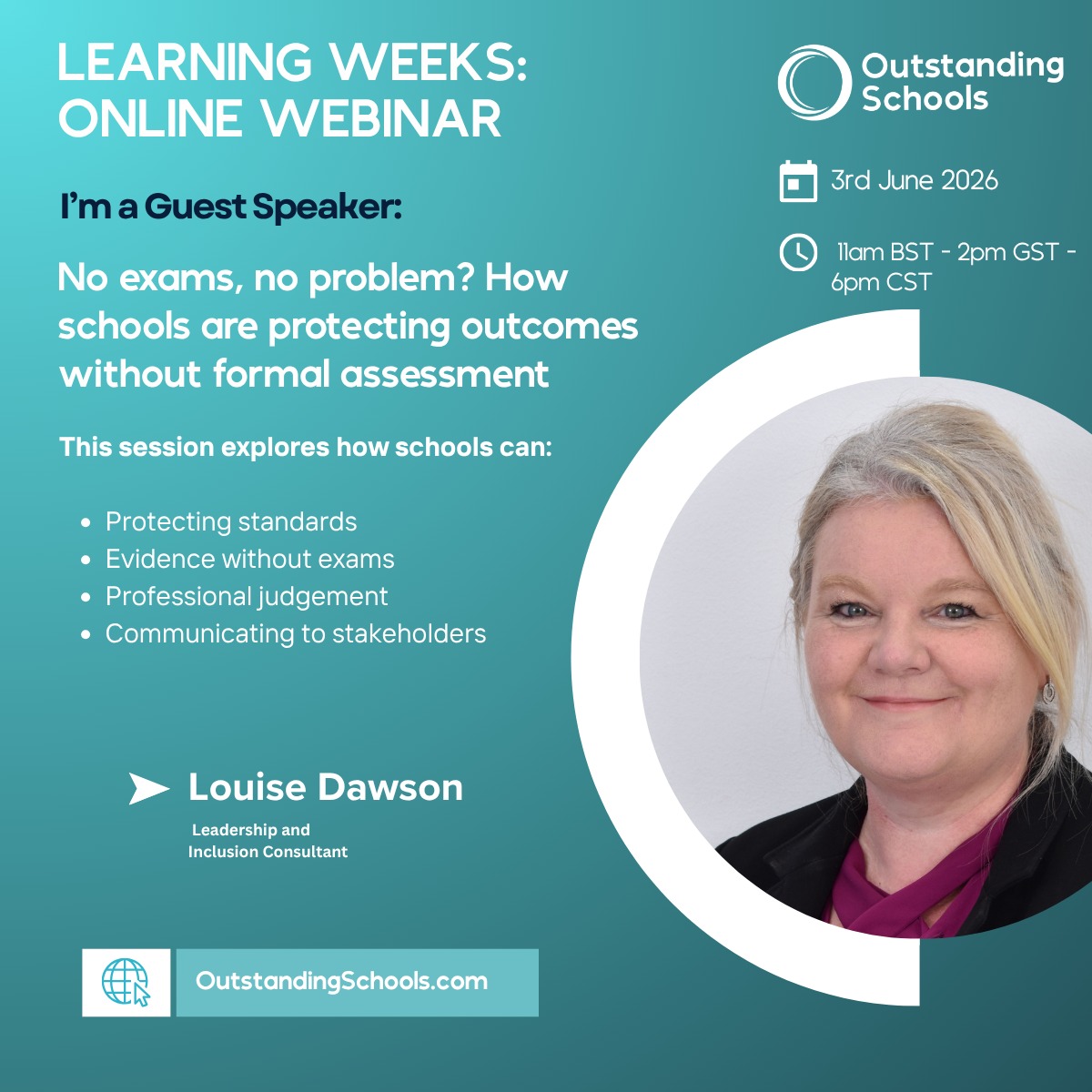 An image showing summary details of a free webinar that Louise will be speaking on. The webinar being run by Outstanding Schools on Wednesday 3rd June at 2pm GST/UAE. Full details are in the event listing.