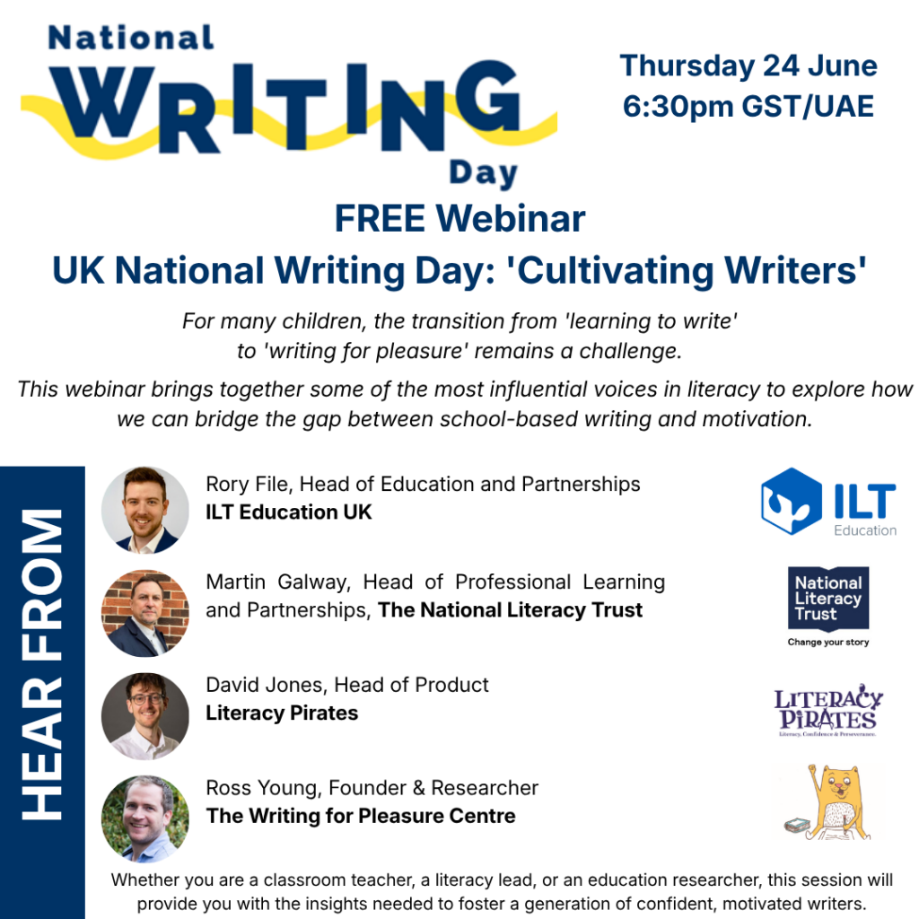 An image showing summary details of a free one-hour webinar for UK National Writing Day organised by ILT Education UK. The webinar will be on Thursday 24 June at 6:30pm GST/UAE. Full details are in the event listing.