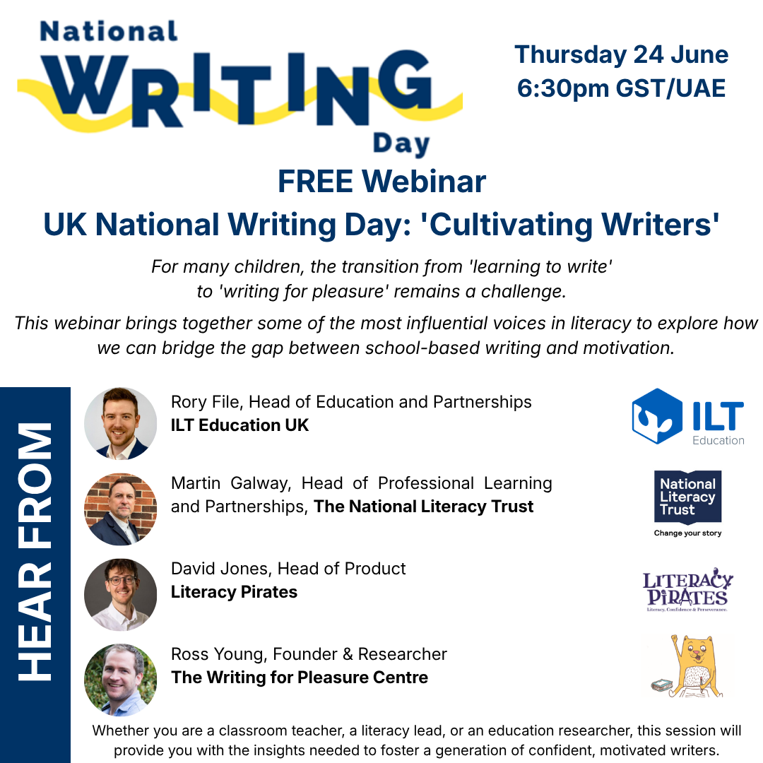 An image showing summary details of a free one-hour webinar for UK National Writing Day organised by ILT Education UK. The webinar will be on Thursday 24 June at 6:30pm GST/UAE. Full details are in the event listing.