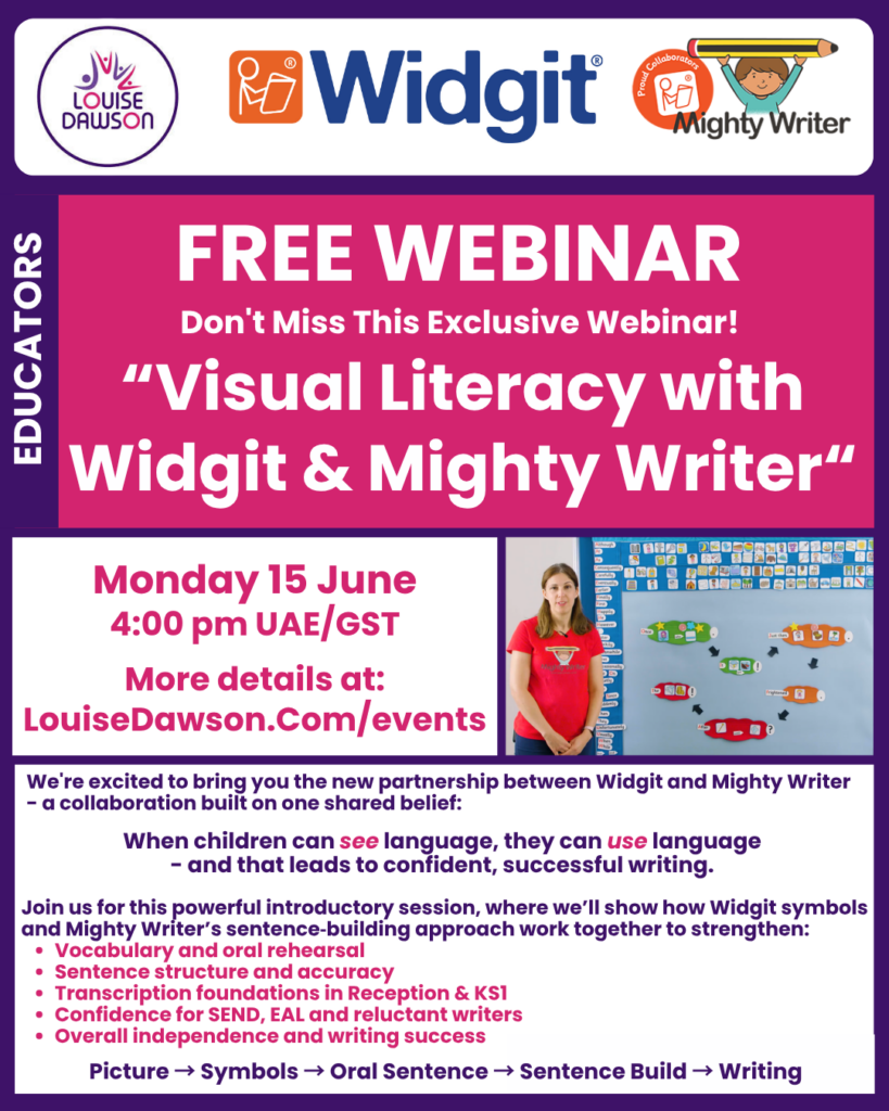 An image showing summary details of a free CPD webinar with Widgit Software and Mighty Writer focused on building visual literacy skills for creative writing, SEND, and EAL/ELL learners. The webinar will run at 4pm GST/UAE on Monday 15 June. Full details are in the event listing.