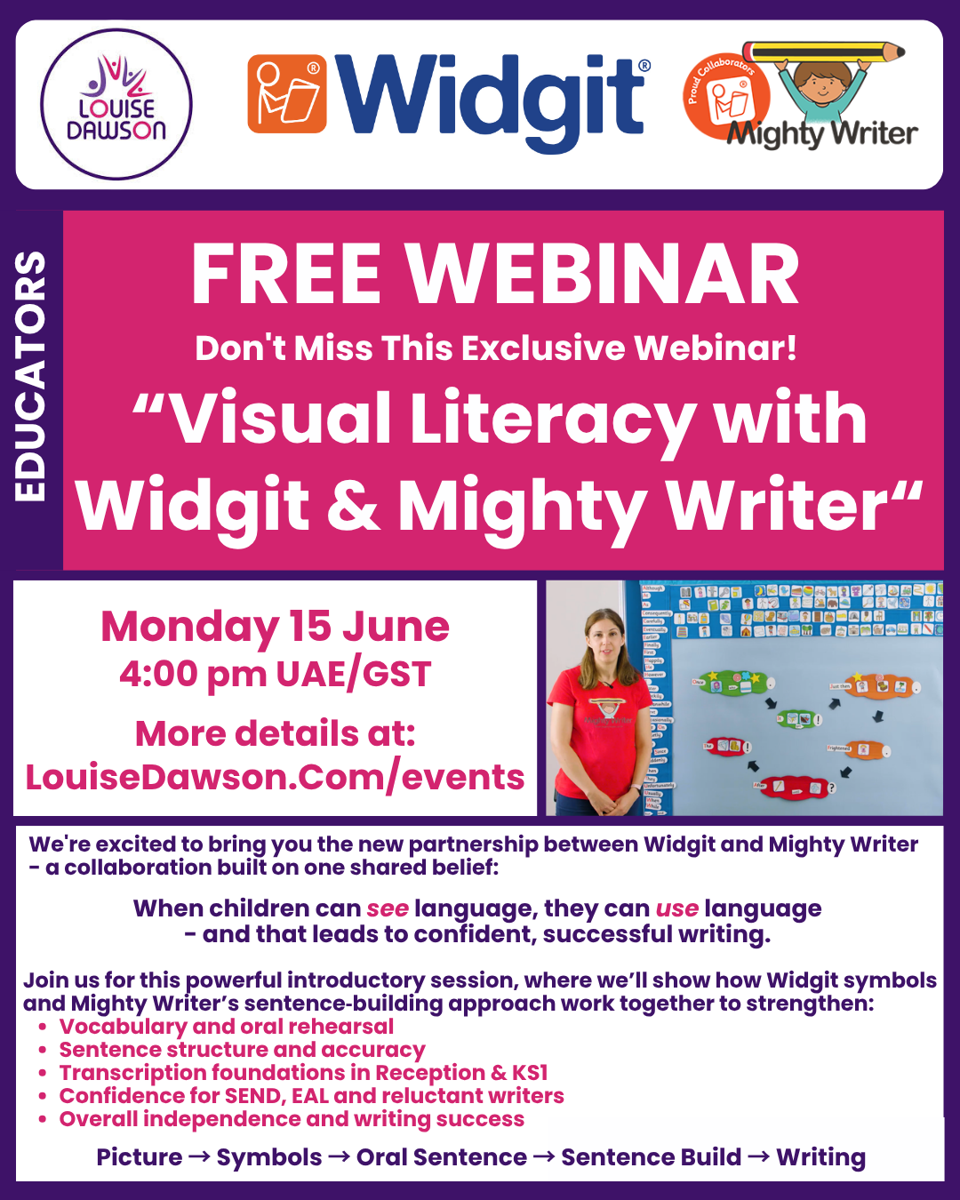 An image showing summary details of a free CPD webinar with Widgit Software and Mighty Writer focused on building visual literacy skills for creative writing, SEND, and EAL/ELL learners. The webinar will run at 4pm GST/UAE on Monday 15 June. Full details are in the event listing.